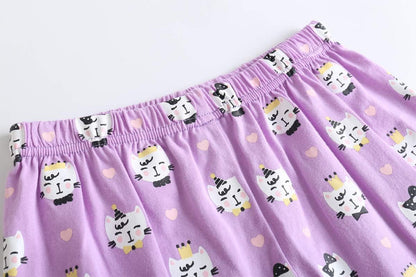 Myfav Young Girls Pajama Cute Cat Pattern Nighty Comfy Shorts Cotton Sleepwear