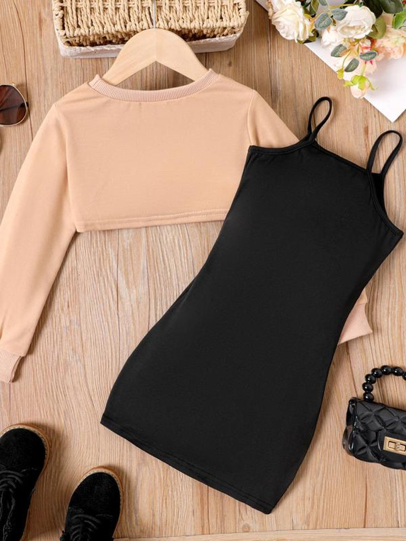 Girl'S Plain High Low Crop Sweatshirt & Cartoon Bear Print Cami Dress Set, Cute round Neck Long Sleeve Pullover & Dress, Kids Fall & Winter Clothes