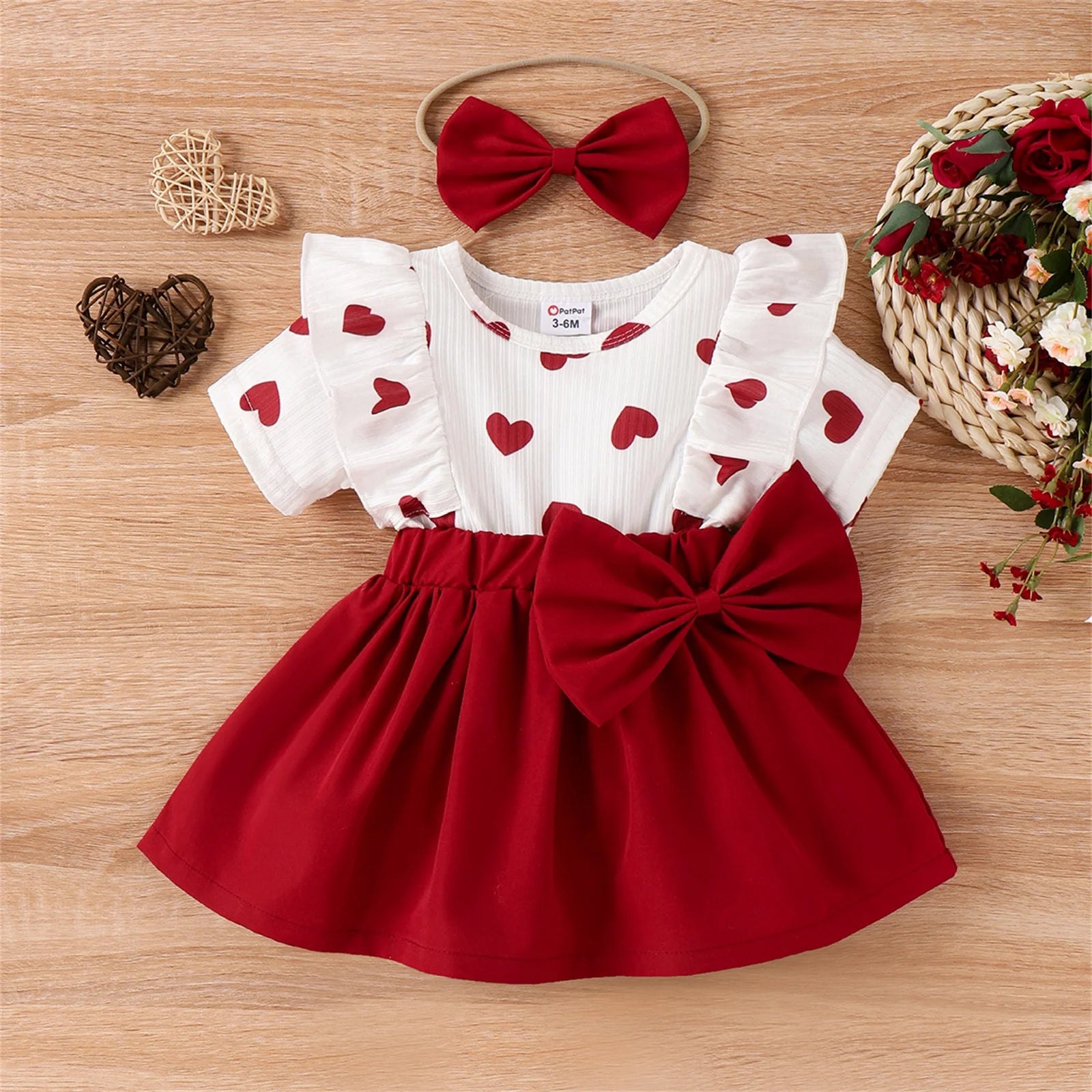 Patpat 2Pcs Baby Girl Clothes Valentine‘S Day Heart Short-Sleeve Dress & Headband Set, 12-18 Months