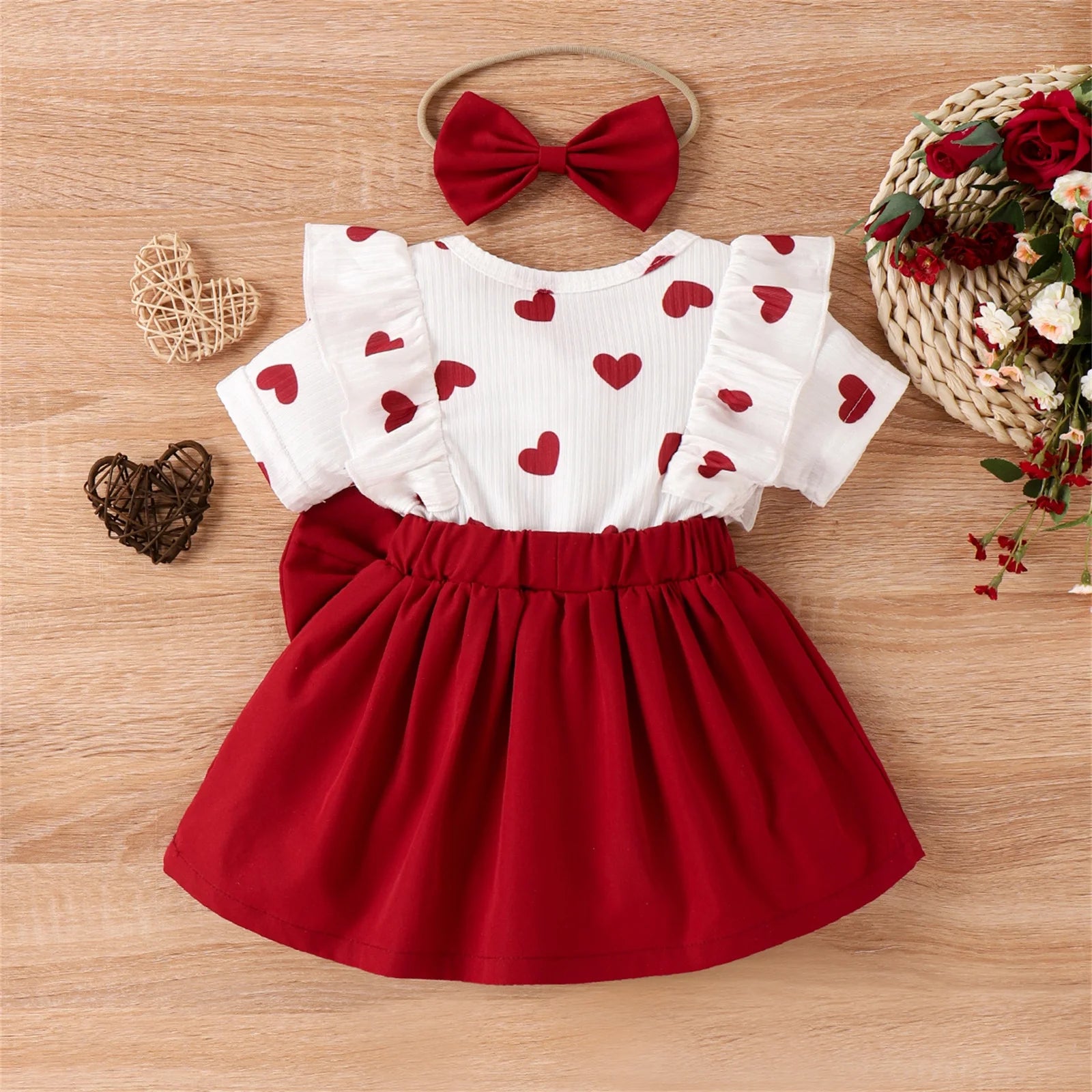 Patpat 2Pcs Baby Girl Clothes Valentine‘S Day Heart Short-Sleeve Dress & Headband Set, 12-18 Months