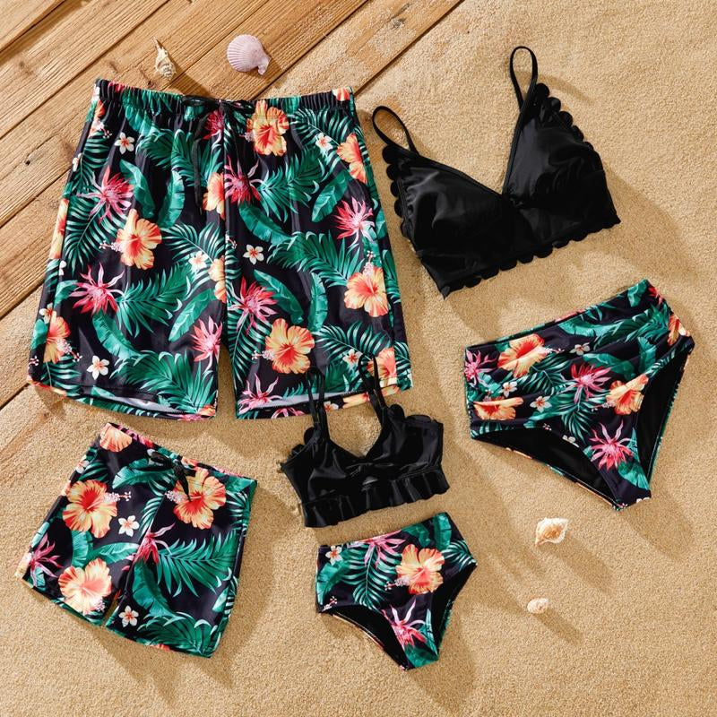 Family Matching Tropical Floral Drawstring Swim Trunks or Shell Edge Bikini 580853