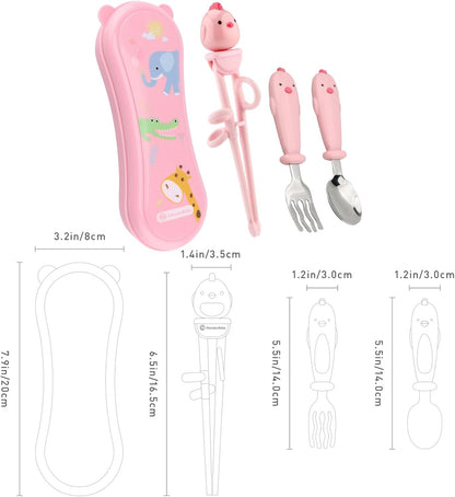 Toddler Utensils Stainless Steel Kids Silverware Set with Kids Spoons and Forks Set and Kids Chopsticks for Self Feeding Learning with Portable Case