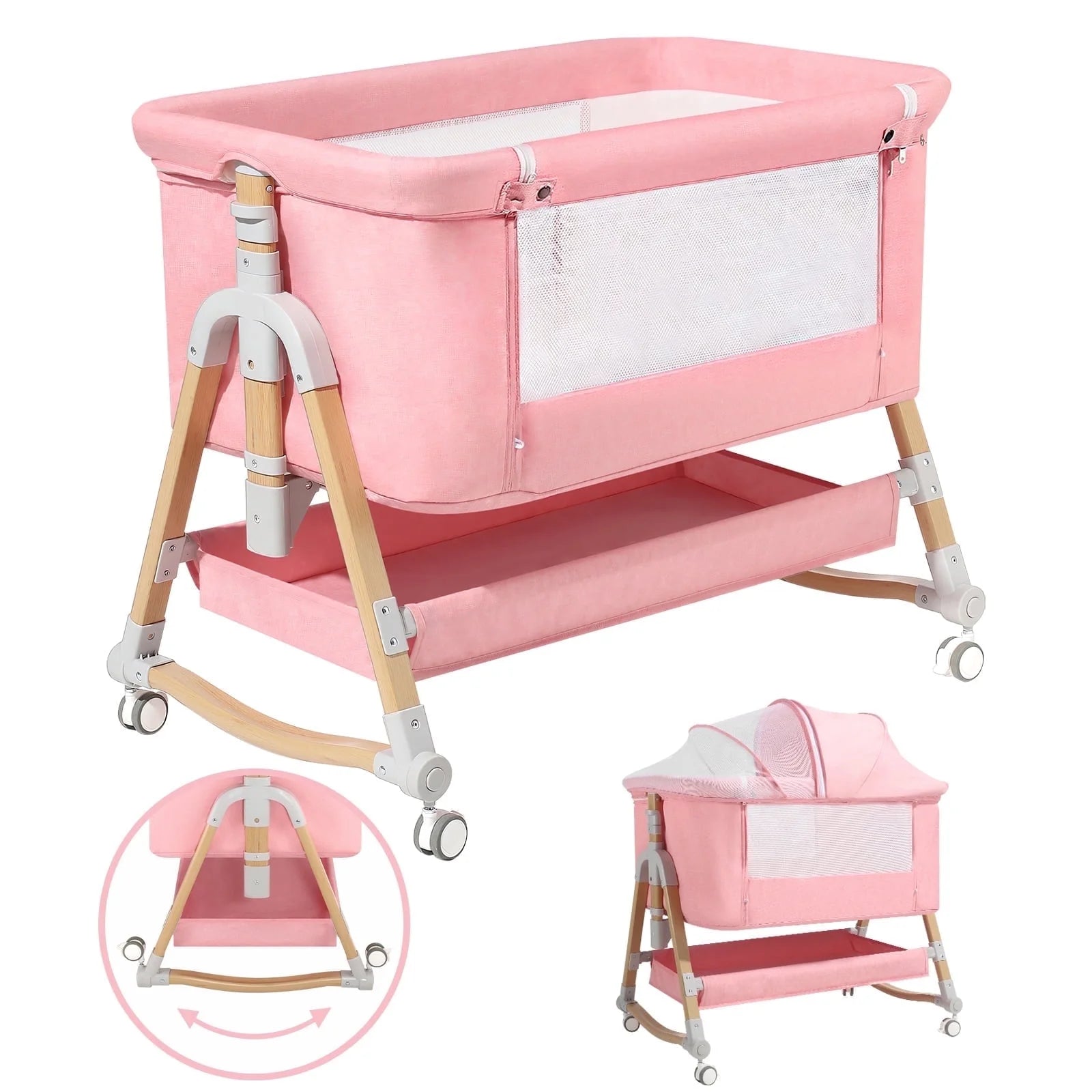 HARPPA 3 in 1 Baby Bassinet Bedside Sleeper for Infant Girls Aged 0-6 Months, Pink