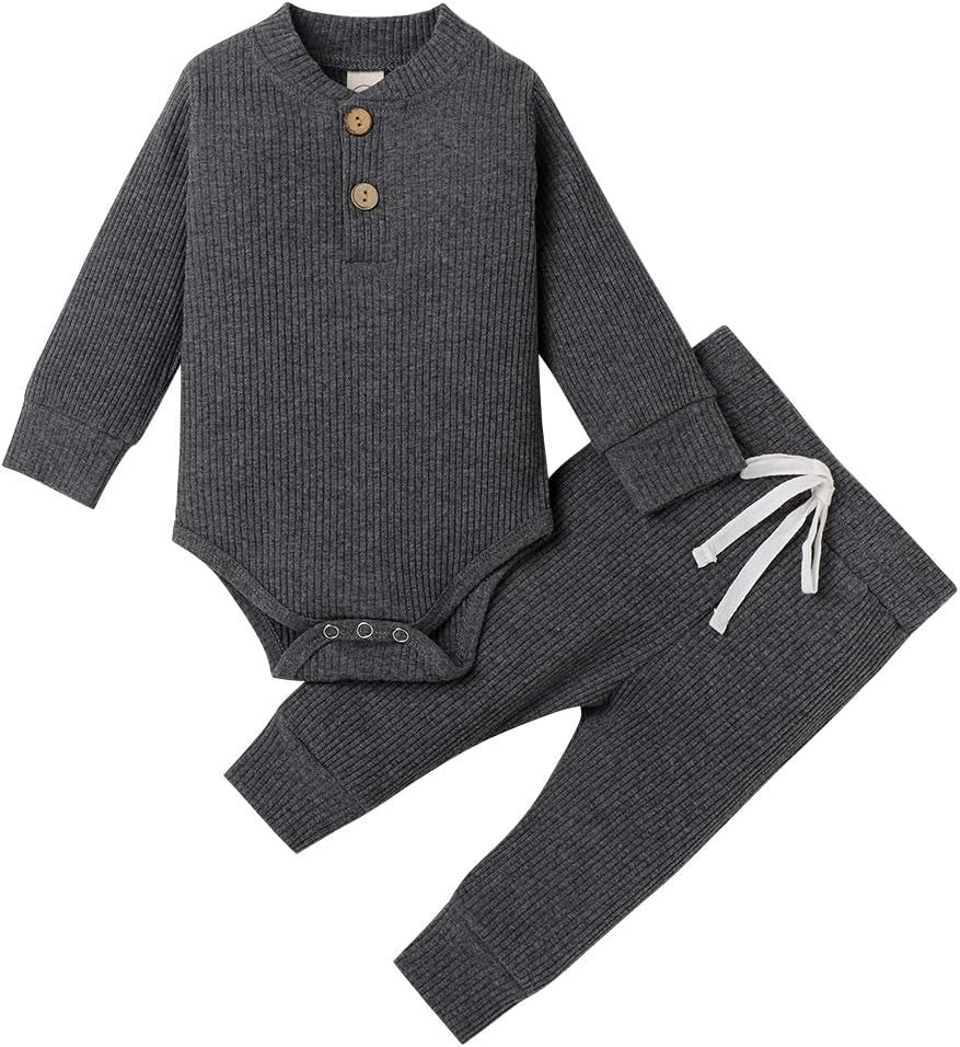 Ledy Champswiin Winter Newborn Baby Boy Girl Clothes Set Ribbed Outfits Unisex Infant Solid Long Sleeve Tops Pants 2PCS