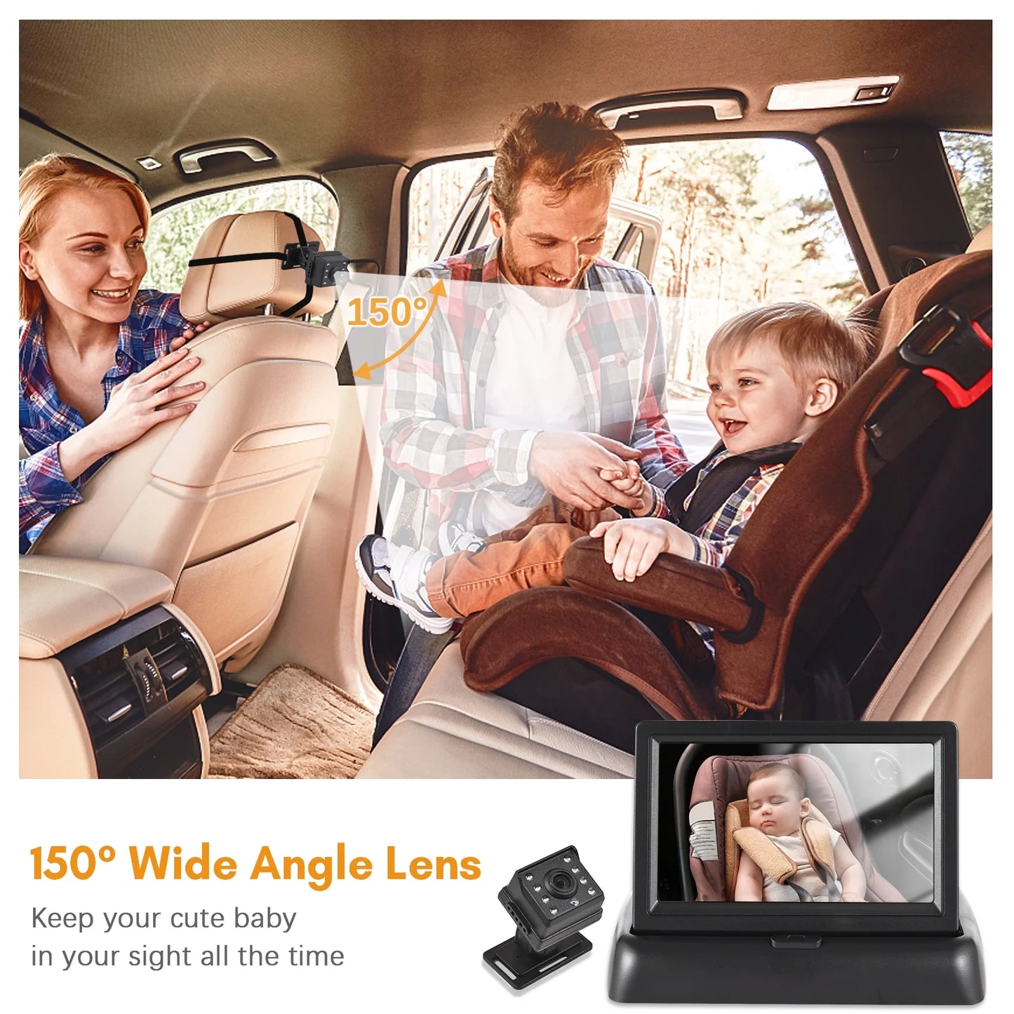 Kisdream Baby Car Back Seat Camera, Baby Car Monitor 1080P4.3 Inch Folding Car Seat Mirror Display Night Vision Baby Car Mirror Camera Easy Installation