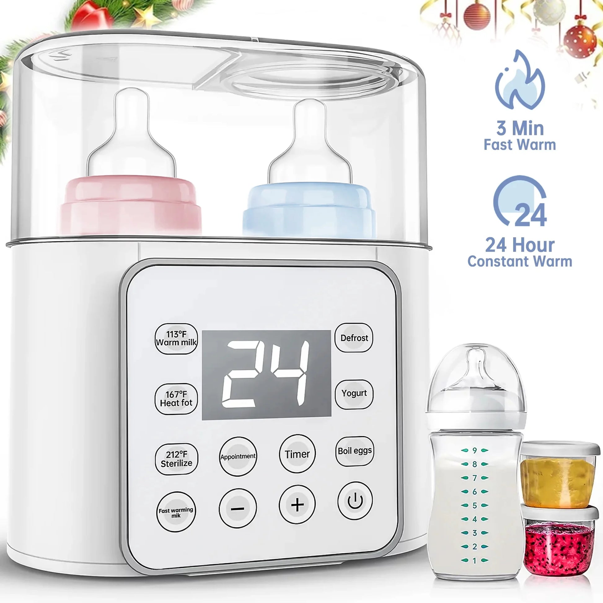 Baby Bottle Warmer, 9 in 1 Double Bottles Milk Warmer for Baby, Fast Food Heater & Defrost Warmer with Timer, LCD Display, Timer & 24H Temperature Control for Breastmilk & Formula