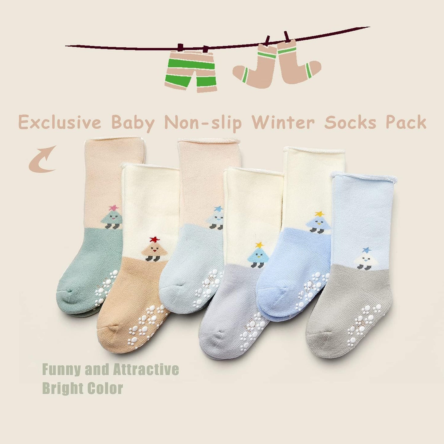 Baby Non Slip Warm Socks Baby Boys Thick Winter Socks with Grips for Baby Girls Non Skid Socks 6 Pack