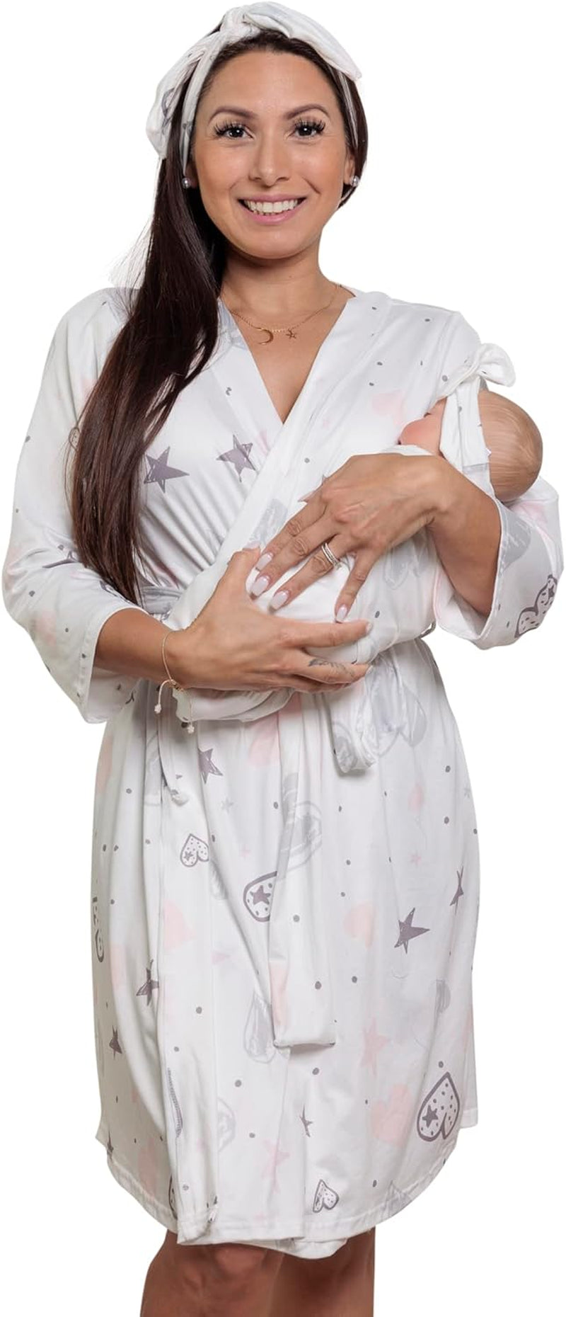 MOMMY O CLOCK Maternity Robe and Baby Swaddle Blanket, Milk Silk Matching Delivery Robe and Swaddling Wrap for Mom and Baby