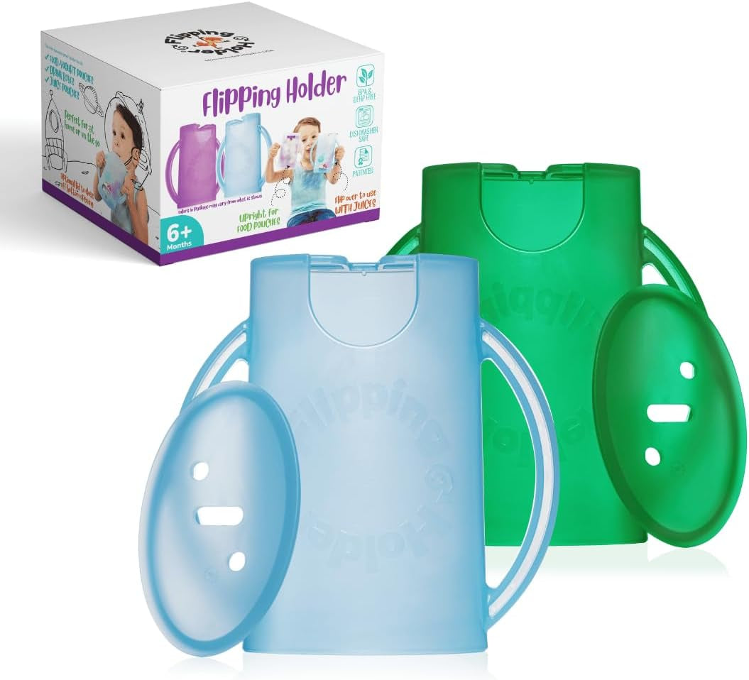 Squeeze Proof Food Pouch Holder for Toddlers, Babies, Kids, Mess Free No Squeeze Juice Box Drink and Applesauce Snack Holder with Easy Grip Handles and Lid
