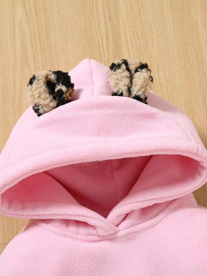 Toddler Girl'S Leopard Print Letter Embroidered Hoodie, Cute Ear Design Long Sleeve Hooded Pullover for Fall & Winter, Kids Clothes for Daily Wear