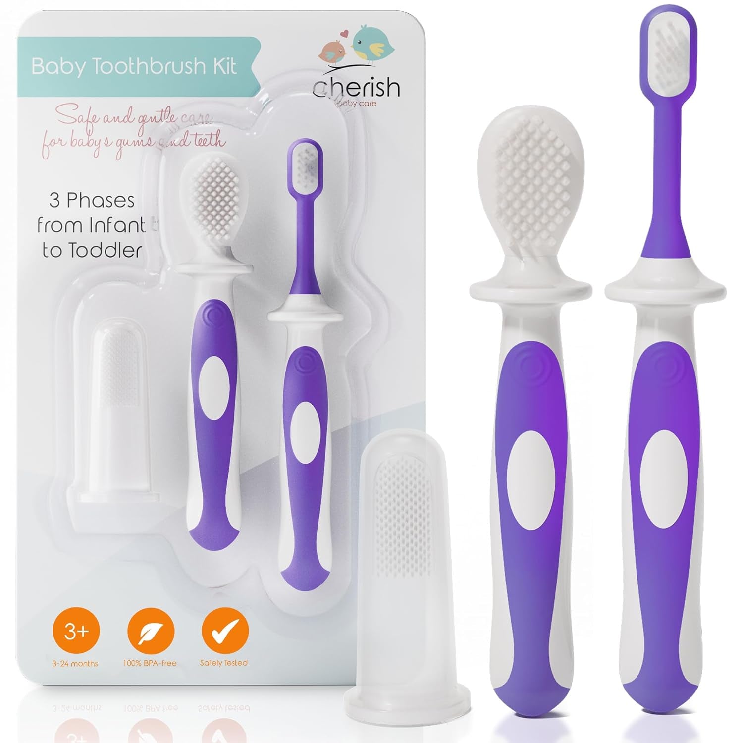 Cherish Baby Care Award-Winning Baby Toothbrush Set (3-24 Months) - 3-Pack Baby Finger Toothbrush, Training Toothbrush & Toddler Toothbrush - Bpa-Free Baby First Toothbrush Set (Purple)