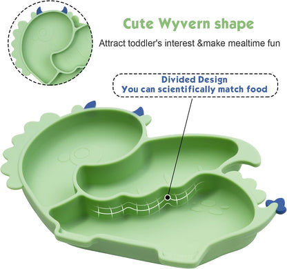 Linowos Silicone Suction Plate for Toddlers - Self Feeding Training Divided Plate Dish and Bowl for Baby and Toddler, Fits for Most Highchairs Trays (Green)