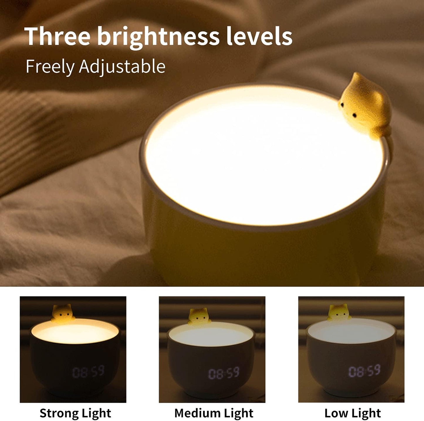 Cute Cat Alarm Clock for Kids,Toddler Alarm Clock for Bedroom, Kawaii Room Decor Clock for Girls, Hello Kitty Alarm Clock with USB Charger, for Gentle Wake Up, White