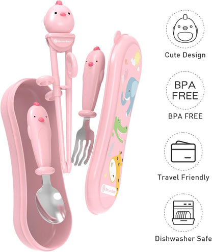 Toddler Utensils Stainless Steel Kids Silverware Set with Kids Spoons and Forks Set and Kids Chopsticks for Self Feeding Learning with Portable Case