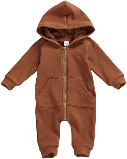 Infant Baby Boys Girls Zipper Warm Hooded Romper Jumpsuit Solid Long Sleeve Bodysuit Outfit Fall Winter Clothes