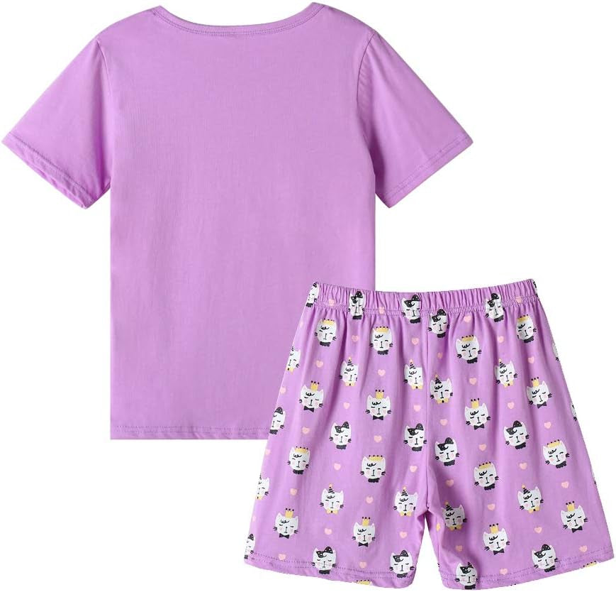 Myfav Young Girls Pajama Cute Cat Pattern Nighty Comfy Shorts Cotton Sleepwear