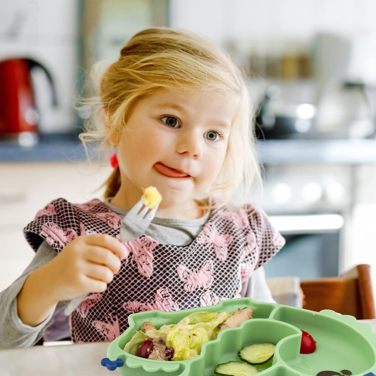 Linowos Silicone Suction Plate for Toddlers - Self Feeding Training Divided Plate Dish and Bowl for Baby and Toddler, Fits for Most Highchairs Trays (Green)