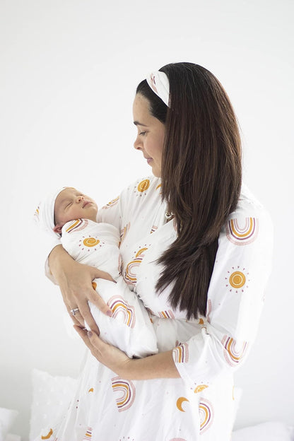 MOMMY O CLOCK Mommy Robe for Maternity and Baby Swaddle Blanket, Milk Silk Matching Delivery Robe and Swaddling Wrap for Mom and Baby (L/XL (12-24), Boho Rainbow)