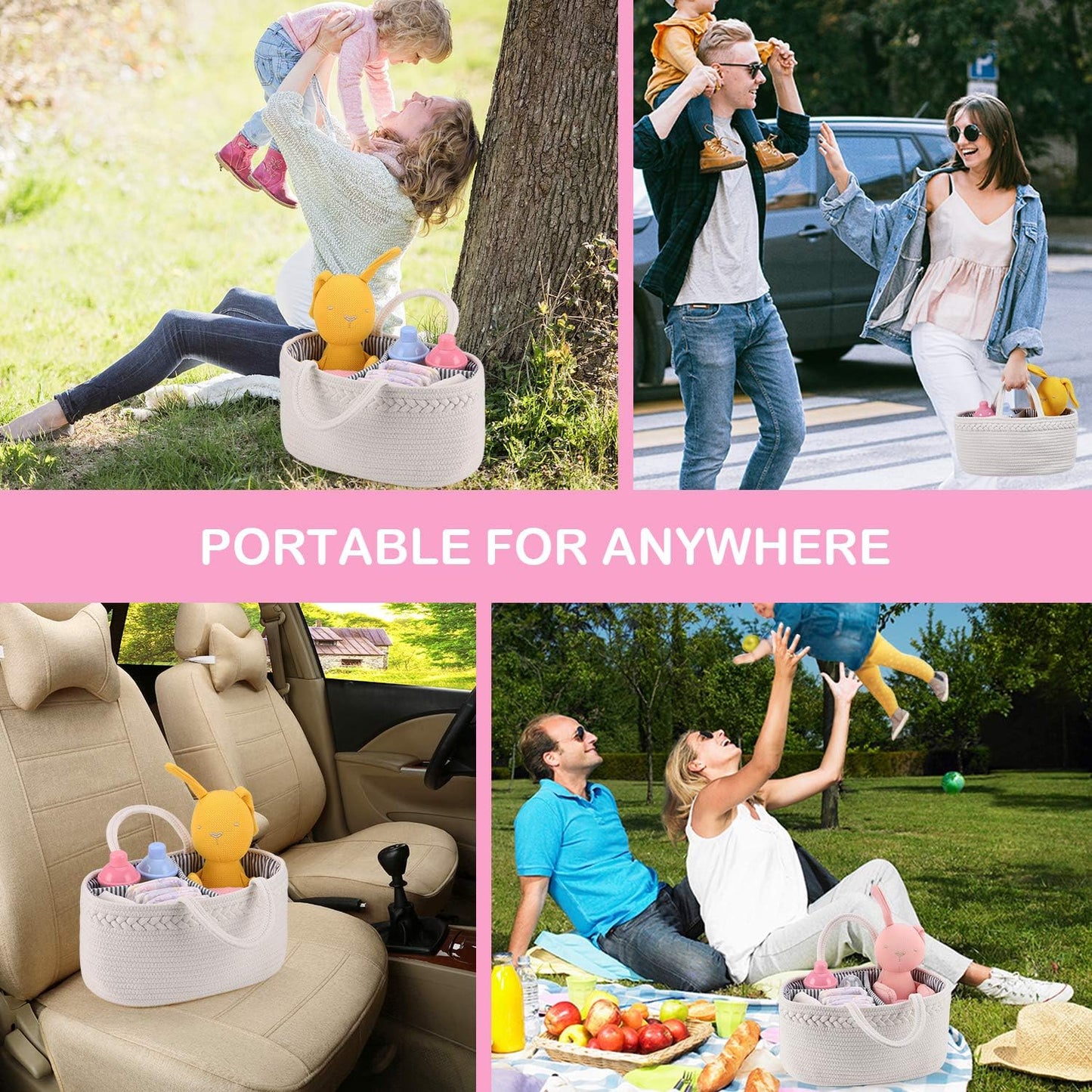 Abenkle Baby Diaper Caddy, Nursery Storage Bin and Car Organizer for Diapers Wipes, Cotton Rope Basket Changing Table Caddy