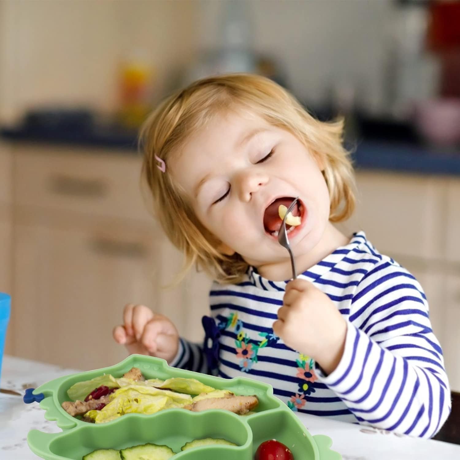 Linowos Silicone Suction Plate for Toddlers - Self Feeding Training Divided Plate Dish and Bowl for Baby and Toddler, Fits for Most Highchairs Trays (Green)