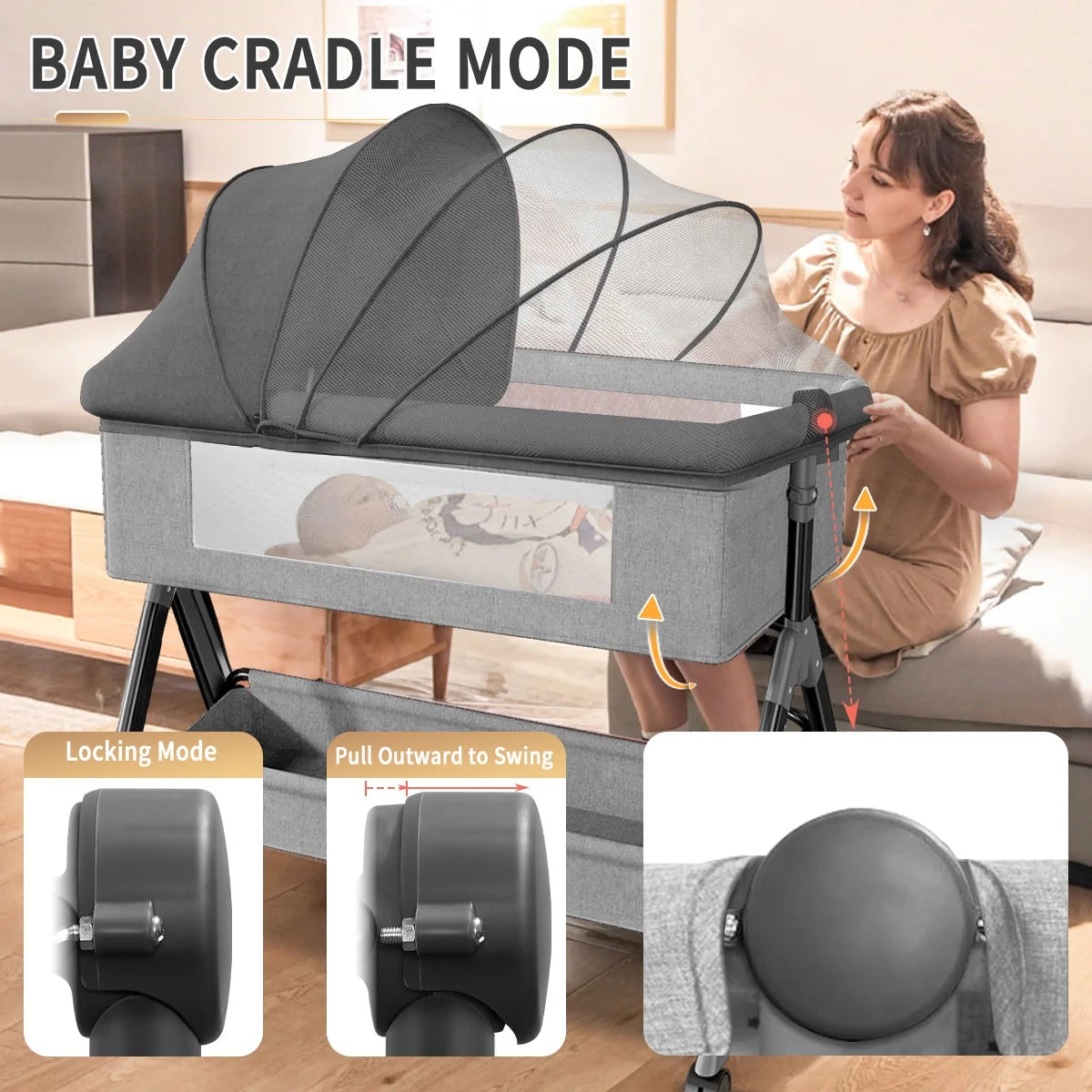 Baby Bassinet for Infant,Adjustable Bedside Sleeper Bassinet with Storage Basket,Bed Side Crib for 0-2 Months, Gray