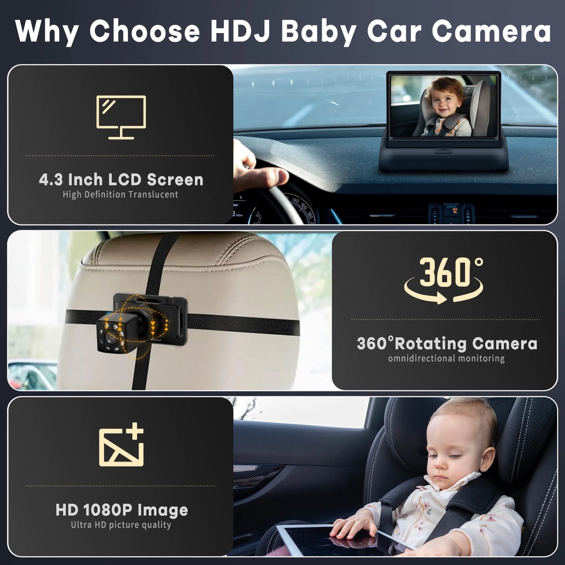 Baby Car Camera, HDJ 4.3'' HD Night Vision Function Car Mirror Display, 360° Adjustable Safety Car Seat Mirror Camera Monitored Mirror with Wide Clear View, Easily Observe Baby’S Move