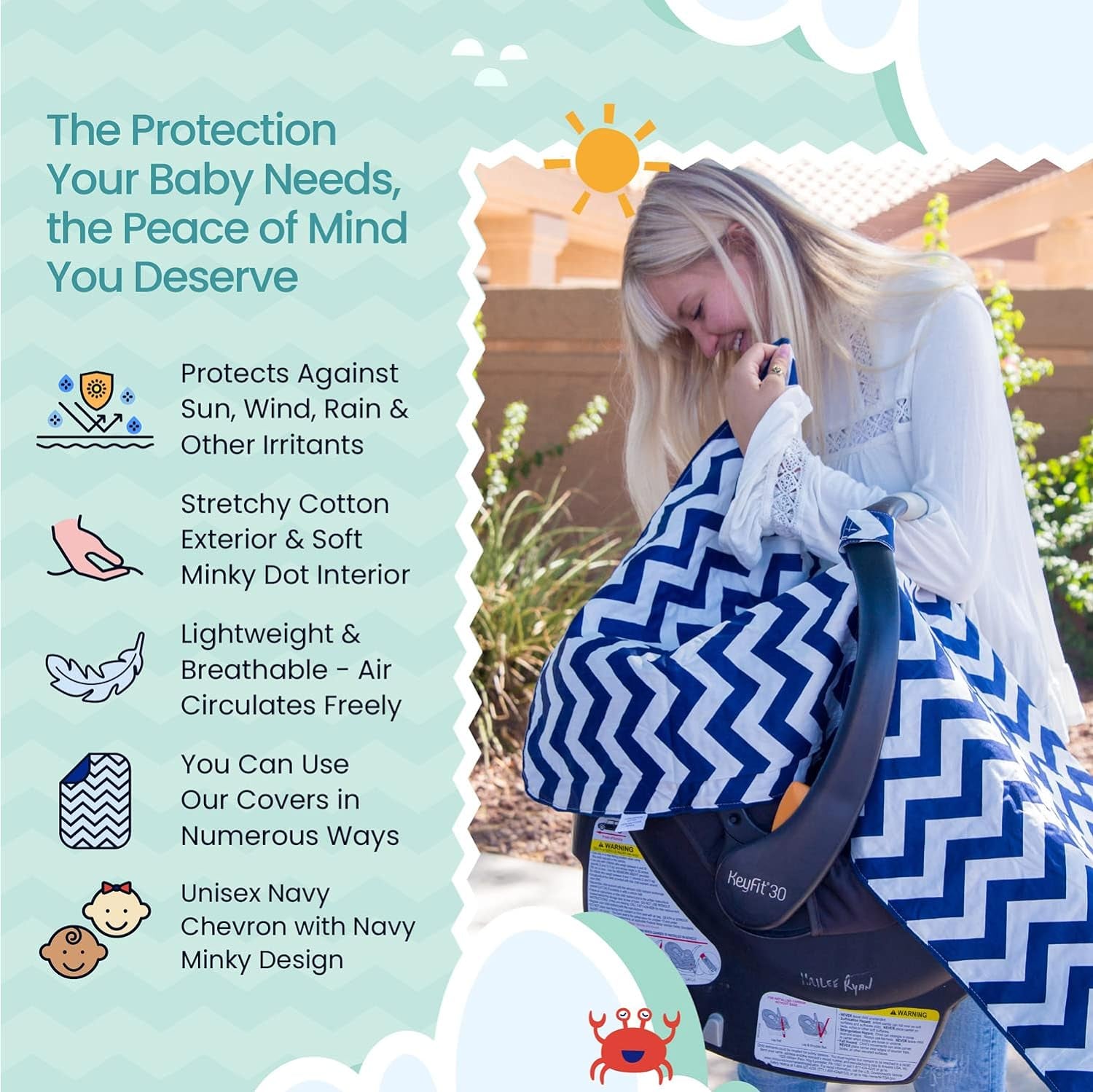 Baby Carseat Canopy Cover - Breathable Infant Car Seat Cover Helps Protect Babies - Our Baby Car Seat Covers Also Double as a Nursing Cover, High Chair Cover & Playmat - Navy Chevron with Navy Minky