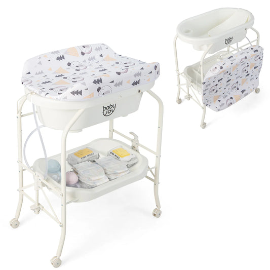 Infans Baby Changing Table W/Bathtub, Folding & Portable Diaper Station W/Wheels White