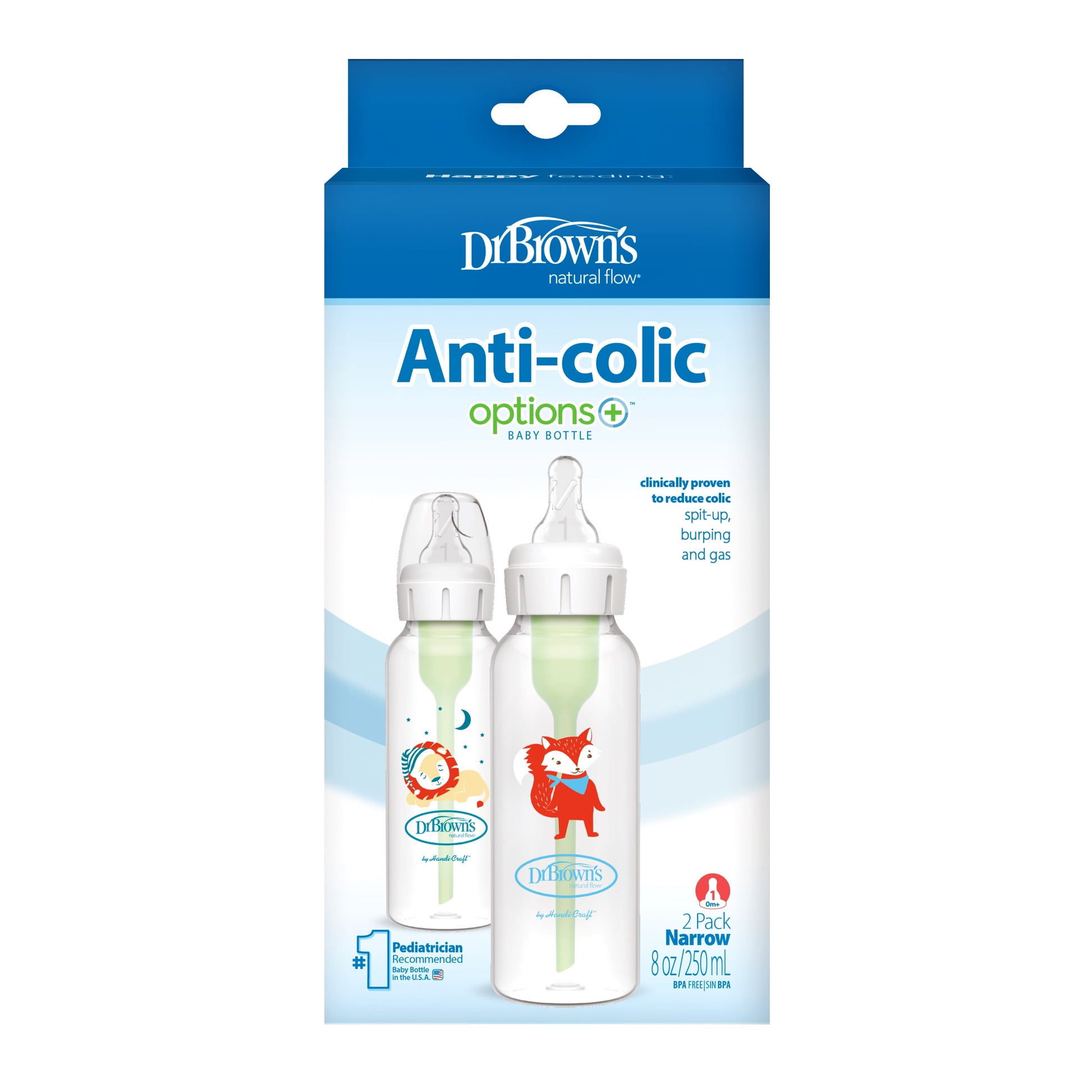 Dr. Brown'S Natural Flow Anti-Colic Options+ Narrow Baby Bottle, Fox & Lion, 8 Oz/250 Ml, with Level 1 Slow Flow Nipple, BPA Free, 0M+, 2-Pack