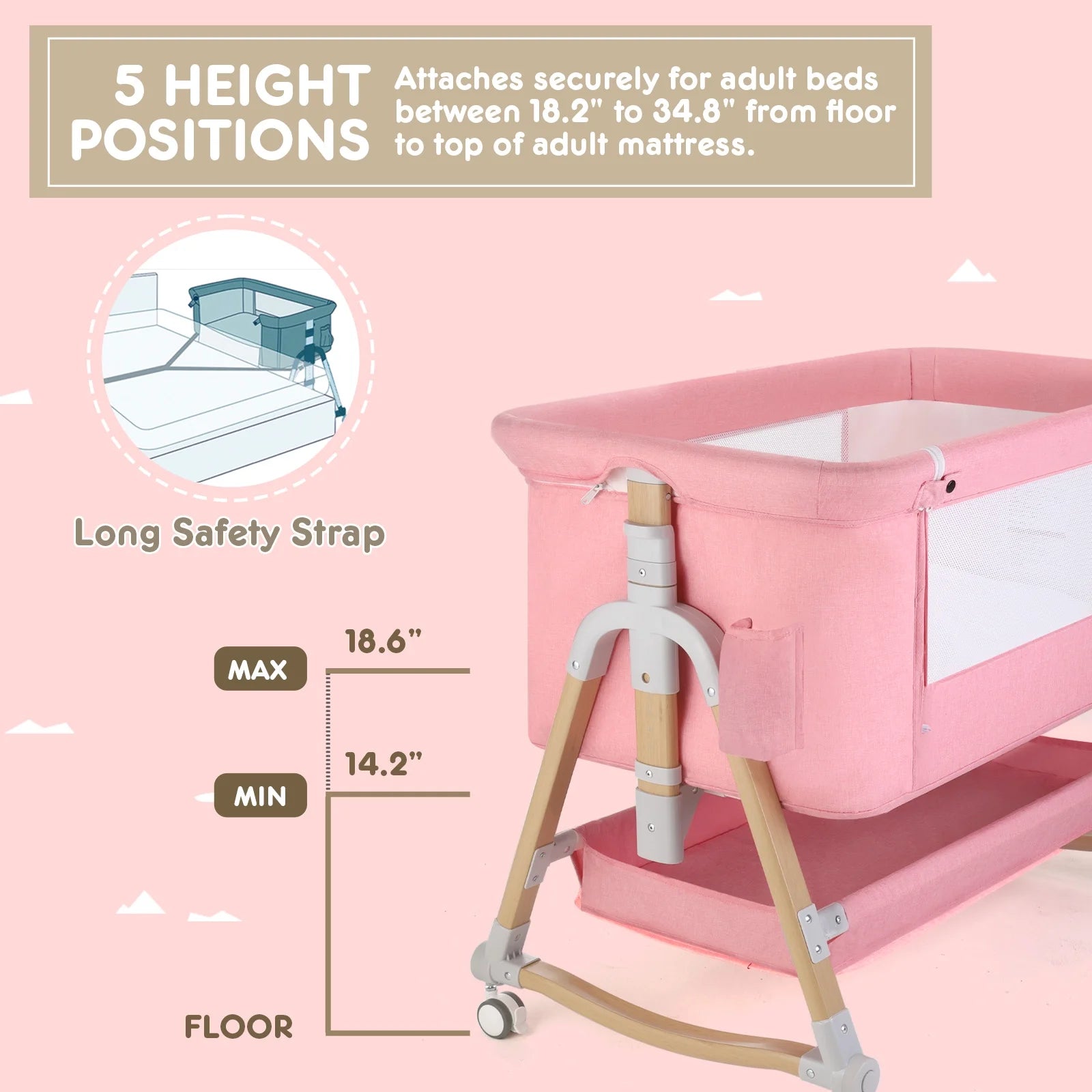 HARPPA 3 in 1 Baby Bassinet Bedside Sleeper for Infant Girls Aged 0-6 Months, Pink