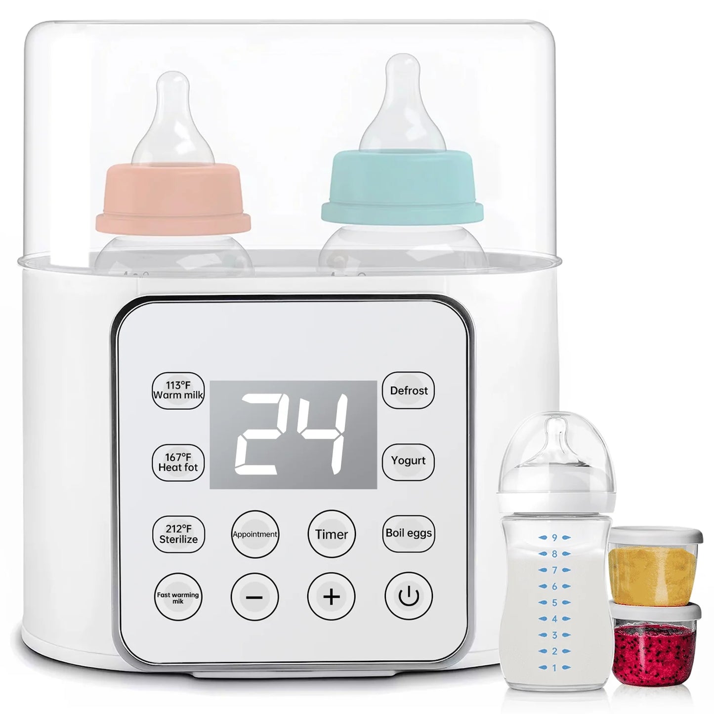 Baby Bottle Warmer, 9 in 1 Double Bottles Milk Warmer for Baby, Fast Food Heater & Defrost Warmer with Timer, LCD Display, Timer & 24H Temperature Control for Breastmilk & Formula