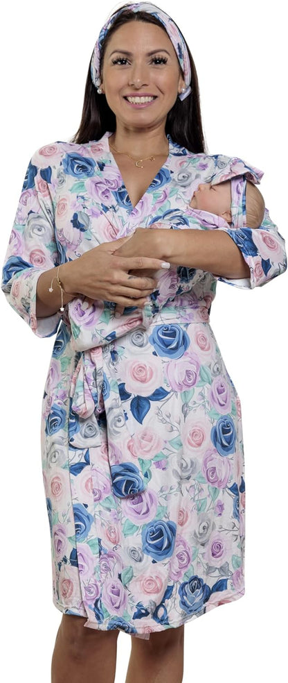 MOMMY O CLOCK Maternity Robe and Baby Swaddle Blanket, Milk Silk Matching Delivery Robe and Swaddling Wrap for Mom and Baby