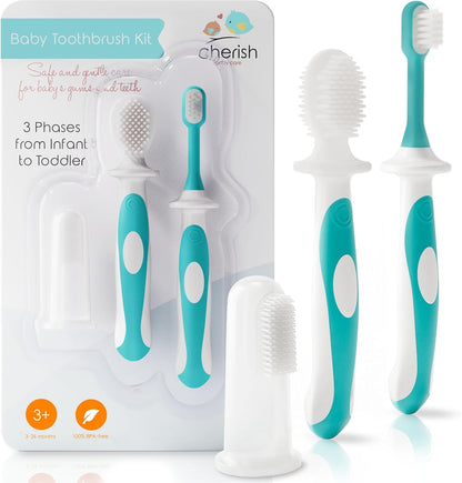 Cherish Baby Care Award-Winning Baby Toothbrush Set (3-24 Months) - 3-Pack Baby Finger Toothbrush, Training Toothbrush & Toddler Toothbrush - Bpa-Free Baby First Toothbrush Set (Purple)