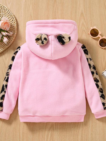 Toddler Girl'S Leopard Print Letter Embroidered Hoodie, Cute Ear Design Long Sleeve Hooded Pullover for Fall & Winter, Kids Clothes for Daily Wear