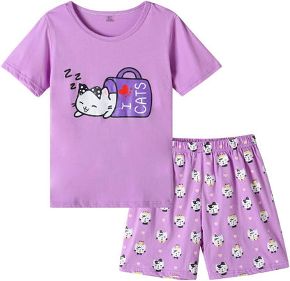 Myfav Young Girls Pajama Cute Cat Pattern Nighty Comfy Shorts Cotton Sleepwear