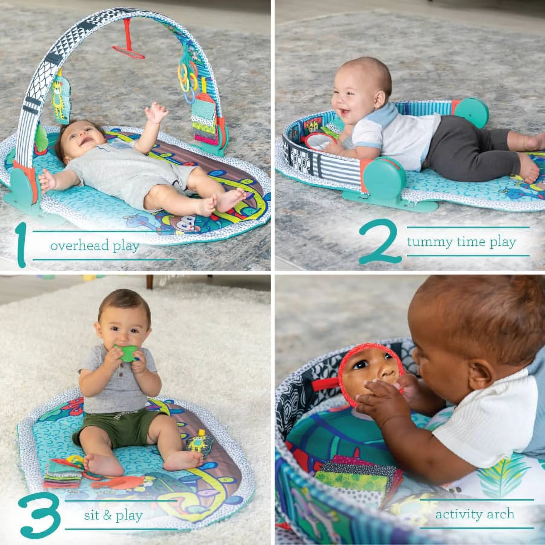 Infantino 3-In-1 Deluxe Magic Arch Sensory Development Gym - 3 Ways to Play with Dual-Sided Magical Arch for Captivating Overhead Visuals plus Tummy-Time Bolster & Mat with Growth Chart, Teal