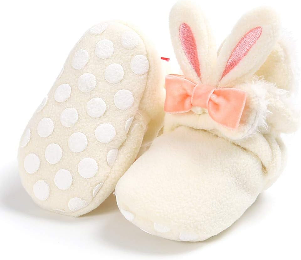 Timatego Newborn Baby Boys Girls Cozy Fleece Booties with Grippers Stay on Slipper Socks Infant Toddler Crib Winter Shoes for Boys Girls