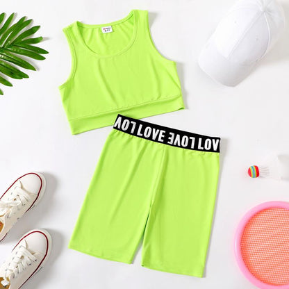 2Pcs Kid Girl Solid Color Tank Top and Letter Print Shorts Sporty Set 536265