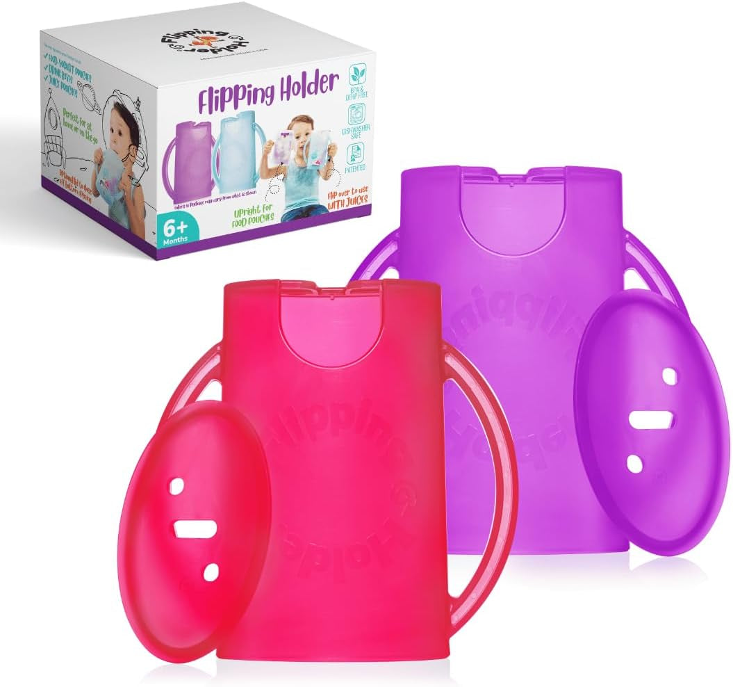 Squeeze Proof Food Pouch Holder for Toddlers, Babies, Kids, Mess Free No Squeeze Juice Box Drink and Applesauce Snack Holder with Easy Grip Handles and Lid