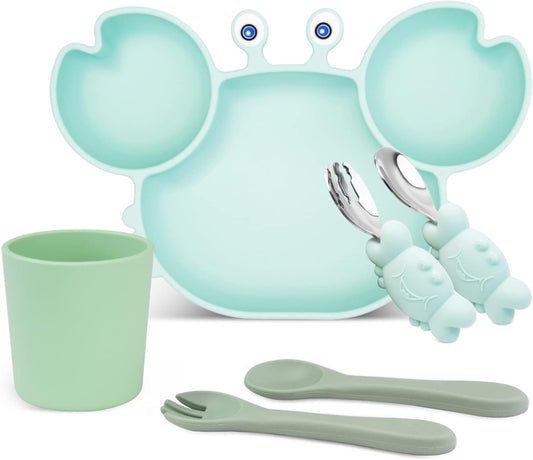 Silicone Baby Feeding Tableware Set, Includes Baby Suction Plate, Toddler Cup, 2 Sets Forks and Spoons, 6 PCS Feeding Supplies Set for Self Feeding Training Utensils