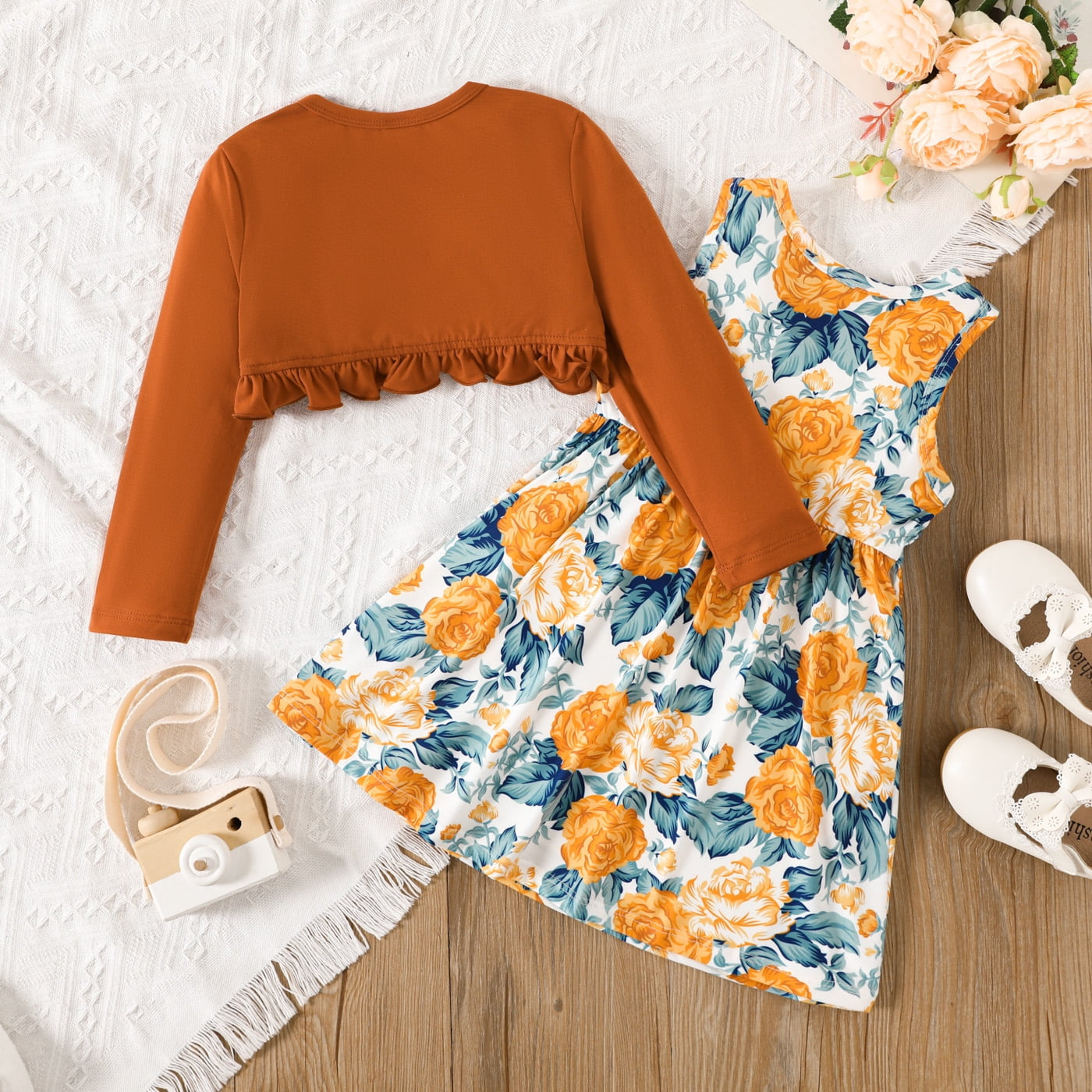 Patpat Floral Girl Dress Toddler Girl Clothes 2Pcs Kid Sleeveless Dress and Long Sleeve Ruffled Cardigan Outfits Set, Yellow Brown, 3 Years