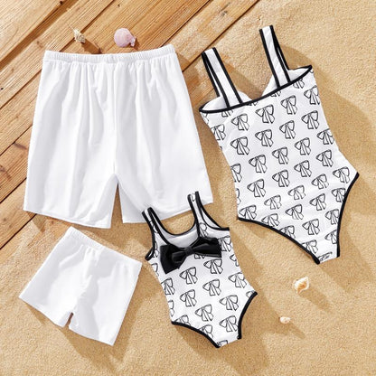 Family Matching Letter Printed Drawstring Swim Trunks or Bow Pattern Strap Swimsuit 581121