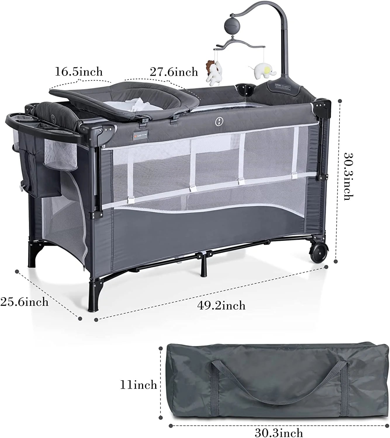 ANGELBLISS 5 in 1 Flat Bassinet Bedside Sleeper, Rocking Bassinet, Easy Folding Portable Playards, Pack and Play with Mattress, Diaper Changer and Music Mobile(Dark Grey)(0-12Months)