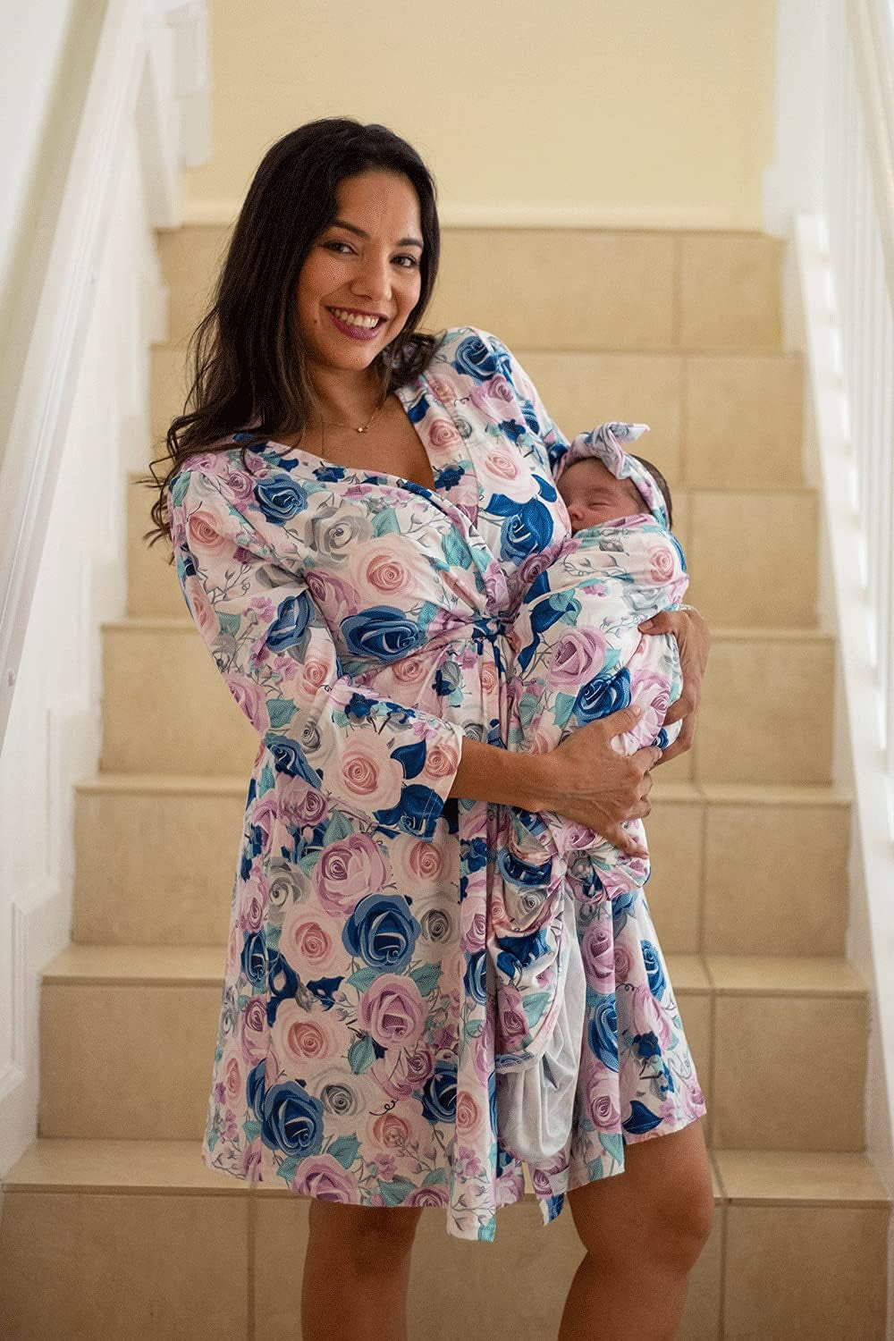 MOMMY O CLOCK Maternity Robe and Baby Swaddle Blanket, Milk Silk Matching Delivery Robe and Swaddling Wrap for Mom and Baby