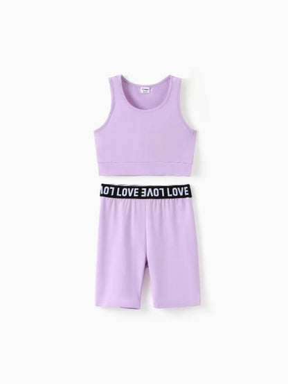 2Pcs Kid Girl Solid Color Tank Top and Letter Print Shorts Sporty Set 536265