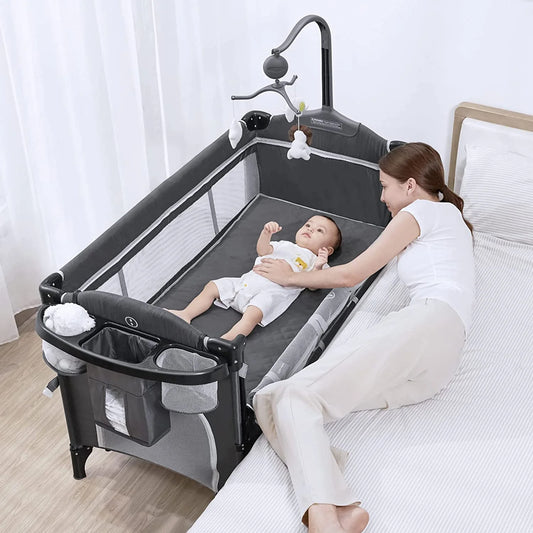 ANGELBLISS 5 in 1 Flat Bassinet Bedside Sleeper, Rocking Bassinet, Easy Folding Portable Playards, Pack and Play with Mattress, Diaper Changer and Music Mobile(Dark Grey)(0-12Months)