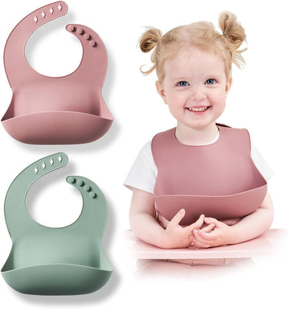 Silicone Baby Bibs Set of 2 BPA Free Waterproof Soft Adjustable Bib Easily Clean with Food Catcher 6-18 Months