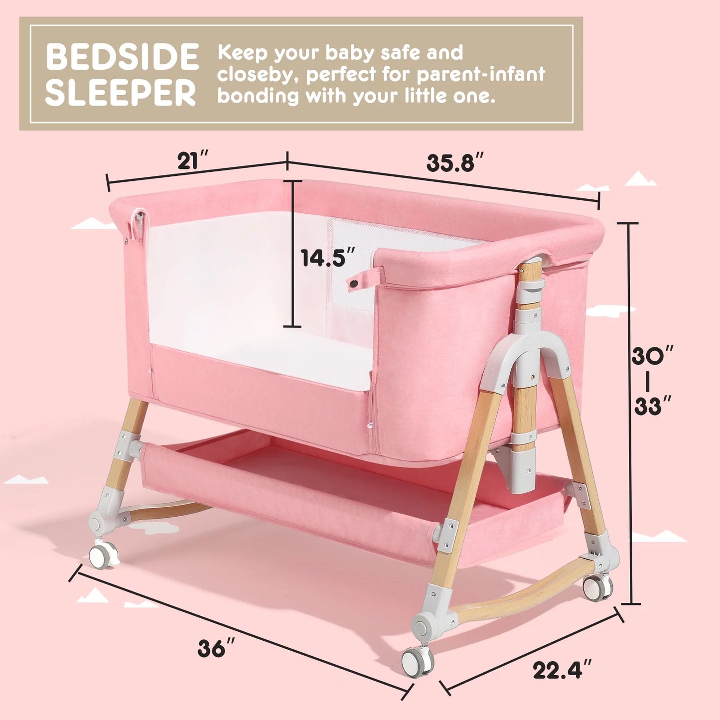 HARPPA 3 in 1 Baby Bassinet Bedside Sleeper for Infant Girls Aged 0-6 Months, Pink