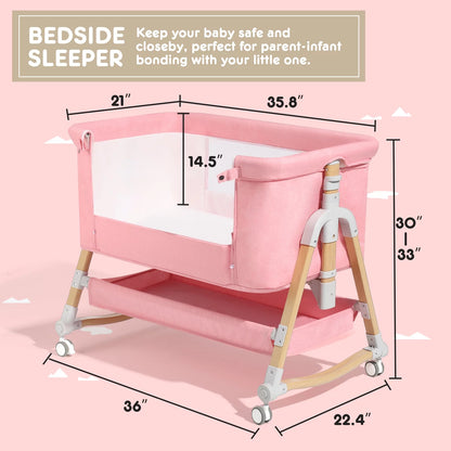 HARPPA 3 in 1 Baby Bassinet Bedside Sleeper for Infant Girls Aged 0-6 Months, Pink