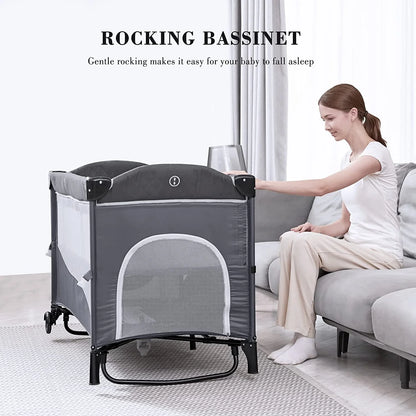 ANGELBLISS 5 in 1 Flat Bassinet Bedside Sleeper, Rocking Bassinet, Easy Folding Portable Playards, Pack and Play with Mattress, Diaper Changer and Music Mobile(Dark Grey)(0-12Months)